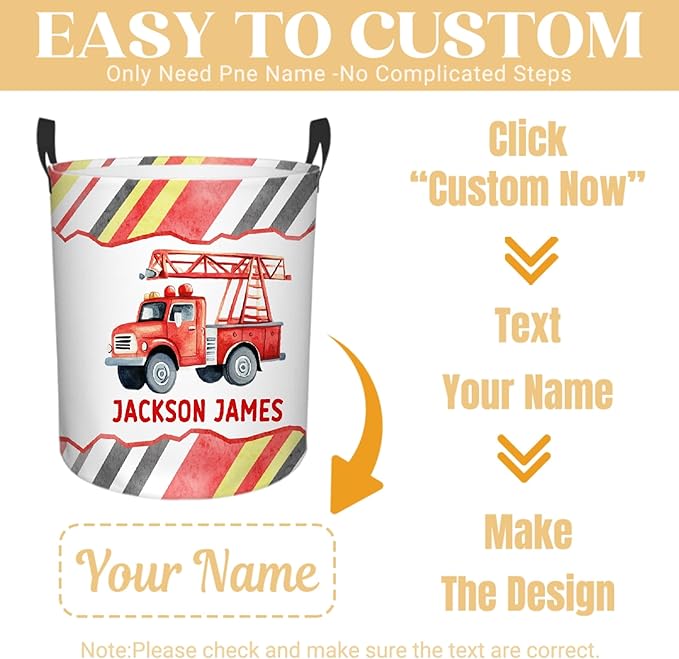 Personalized Fire Trucks Laundry Basket, Custom Laundry Hamper With Name Gifts For Kids Baby Adults, Collapsible Dirty Clothes Storage Organizer With Handles M 19.6 X 15.7in