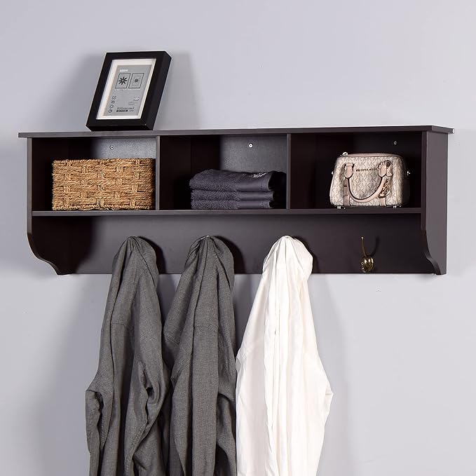 Elegant Espresso Wooden Wall-Mounted Coat Rack with Shelf - Entryway Organizer with 4 Dual Hooks - Modern Storage Display for Home Decor, Plants, Photos - MDF Construction - 39"x8"x14"