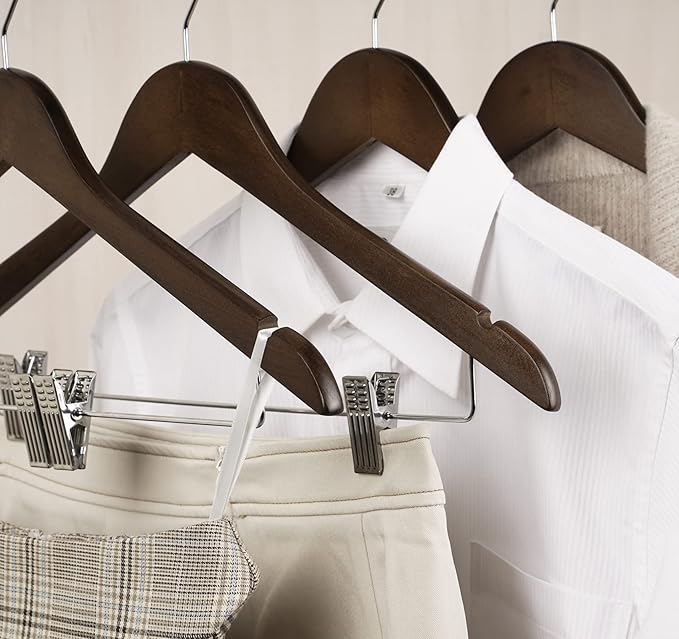 Wooden Clothes Hangers with Clips, 16Pack Wood Skirt Hangers with Clips, High-Grade Selected Walnut Wood Hangers with Sturdy Metal Clips for Pants, Suit, Heavy Winter Coat, Jacket, Formal Dress