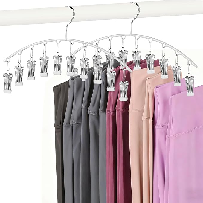 Legging Hangers for Closet Organizer, Hat Hangers for Closet 2 Pack with 10 Clips Holds 20 Leggings, Legging Hanger, Pants Storage Organizer Suitable for Socks, Panties, Underwear, Pants (White)