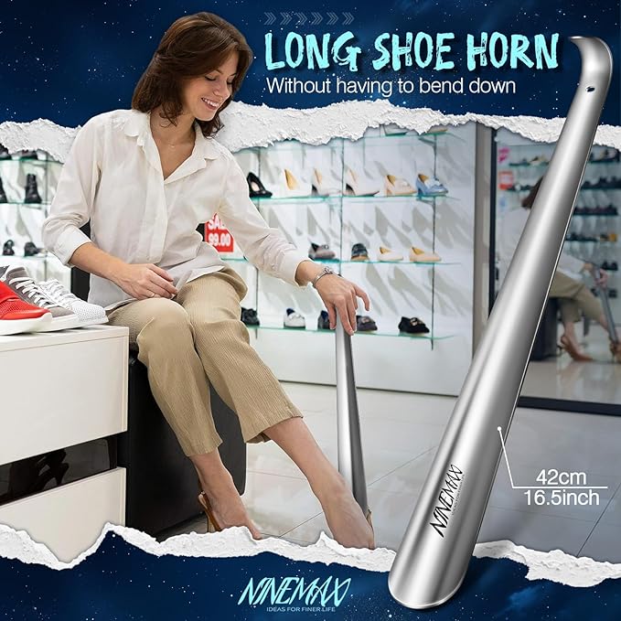 NINEMAX Shoe Horn Long Handle for Seniors Men Women, Metal Long Shoehorn Boot Horn 16.5'', Small Travel Stainless Steel Shoe Spoon Helper for Kids 7.5''