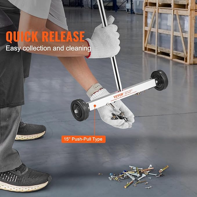 VEVOR Magnetic Sweeper with Wheels, 15inch Mini Magnetic Sweeper, 8 lbs Capacity, Adjustable Handle, Lightweight Magnetic Pickup Sweeper to Pick Up Nails and Screws, Easy Cleanup of Workshop Garage