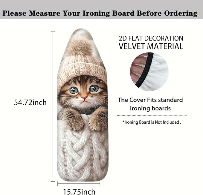 Nuxovilar Cute Kitten in Knitted Outfit Ironing Board Cover, 15×54inch, This Cover Fits Most Standard Boards, Dust - Proof Ironing Accessory for Home Decoration
