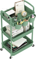 MOYIPIN 3-Tier Plastic Rolling Utility Cart with Handle,Utility Storage Cart for Office, Living Room, Kitchen,Movable Storage Organizer Shelves,Green with 6 Hanging Cups