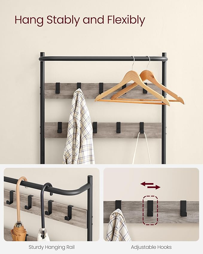 VASAGLE Hall Tree with Bench and Shoe Storage, Entryway Bench with Coat Rack Stand and Shoe Rack, 9 Movable Hooks, Top Bar, Fabric Shelves, Industrial, Greige and Black UHSR411B02