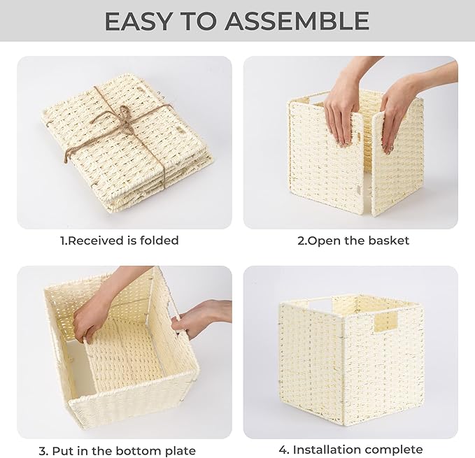 StorageWorks 11 inch Wicker Baskets, Handwoven Storage Cubes with Handles, Foldable Paper Rope Basket for Organizing, Beige, 2 Pack