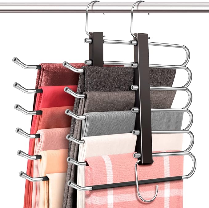 Space Saving 6 Tier Pant Hangers, Anti-Slip, Stainless Steel, 2 Pack, Black