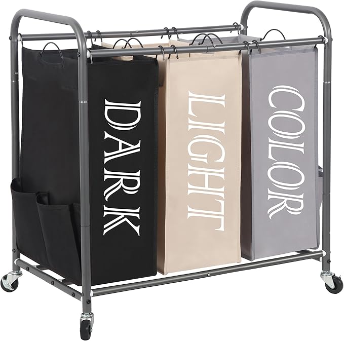 STORAGE MANIAC 3 Section Laundry Sorter, 35.9 Gal (136 L) Laundry Hamper Cart with Heavy Duty Rolling Lockable Wheel and Removable Bag, Clothes Organizer Basket Clothes Separator Hamper, Multicolored