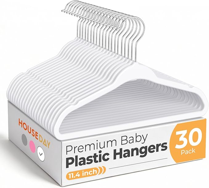 HOUSE DAY 11.4 Inch Baby Hangers 30 Pack - Plastic Kids Hangers Space Saving Thin Profile, Children Closet Organizers with Rotatable Hook of 360°, Heavy Duty for Toddler Clothes Nursery - Ivory