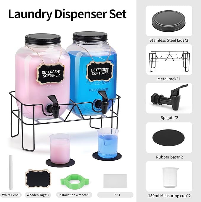 2 Sets 1 Gallon Glass Laundry Detergent Dispenser with Stand, Measuring Cup, Soap Dispenser for Laundry Room, Liquid Laundry Detergent for Liquid Detergent, Fabric Softener