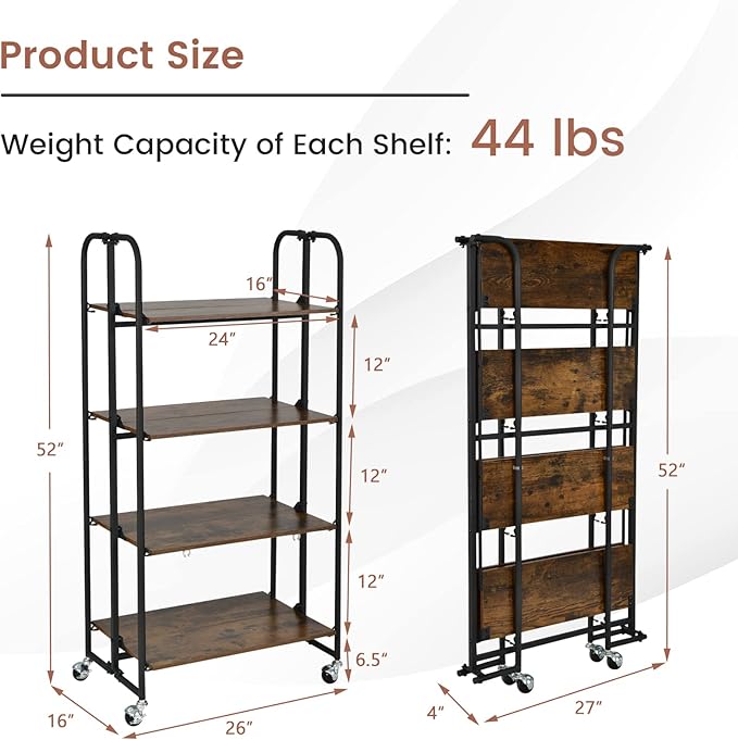 Giantex Foldable Storage Shelves with Wheels, No Assembly 4-Tier Rolling Cart, 2 of The Wheels Have Locks, Microwave Utility Cart Baker Rack, Portable Storage Rack w/Metal Frame, for Kitchen, RV