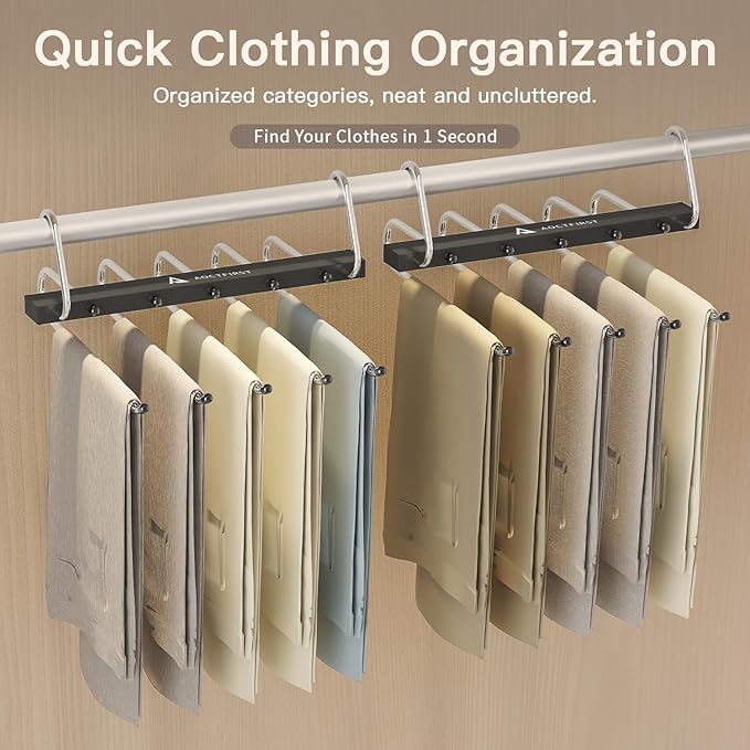 4 Pack Pants Hangers Space Saving - Closet Organizer and Storage Jean Hangers, Stainless Steel Clothes Hanger Scarf Holder for Pants Jeans Leggings Trousers Pant Rack, Black