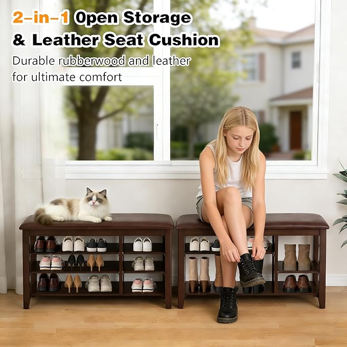 PY HOME & SPORTS Shoe Rack for Entryway 31.5": 3-Tier Shoe Storage Bench,Adjustable/Removable Shelves, Rubberwood Shoe Benches for Hallway, Porch, Bathroom, Brown
