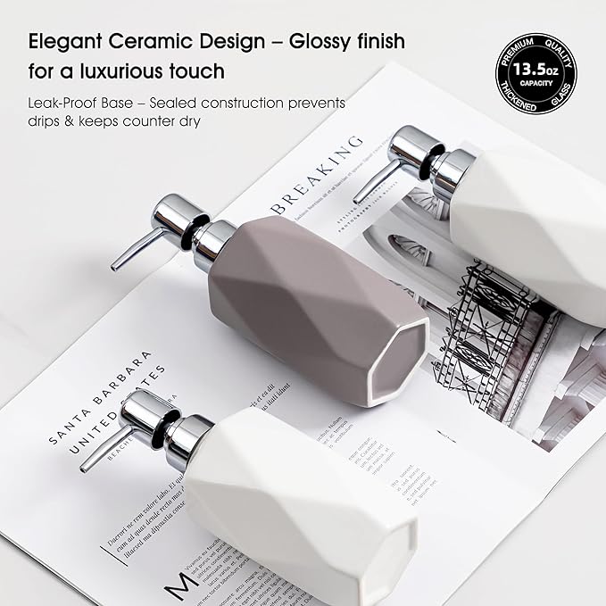 Soap Dispenser, 13.5oz Ceramic Soap Dispenser Bathroom for Kitchen & Bathroom (White)