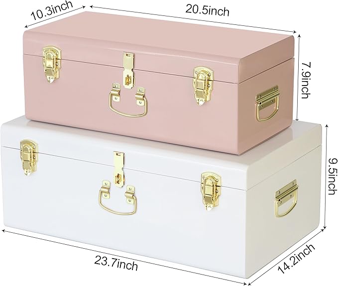 Vixdonos Metal Trunk Decorative Storage Box Set of 2 College Dorm Chest with Handle (Pink and White)