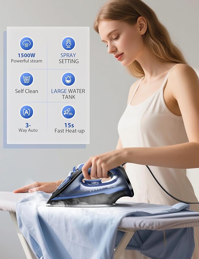 Steam Iron for Clothes 12s Fast Heat-up, 1500W Iron with 13.21oz Water Tank, 3-Way Auto shutoff, Burst Steam, Spray Mist, Anti-Drip, Self-Cleaning, Vertical Ironing for Home 20260108A