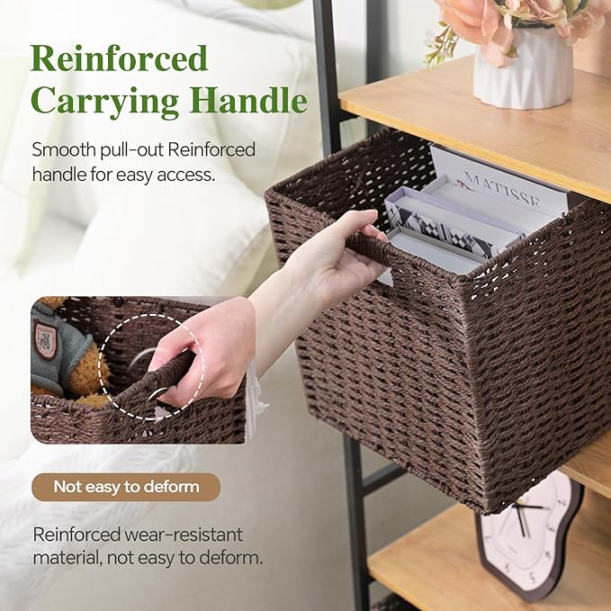 Woven Wicker Storage Baskets 4-Pack, 11x11 Handwoven Paper Rope Organizer Bins, Foldable Cube Storage Cubes with Built-in Handles for Shelves and Closet Organization(Dark Brown）