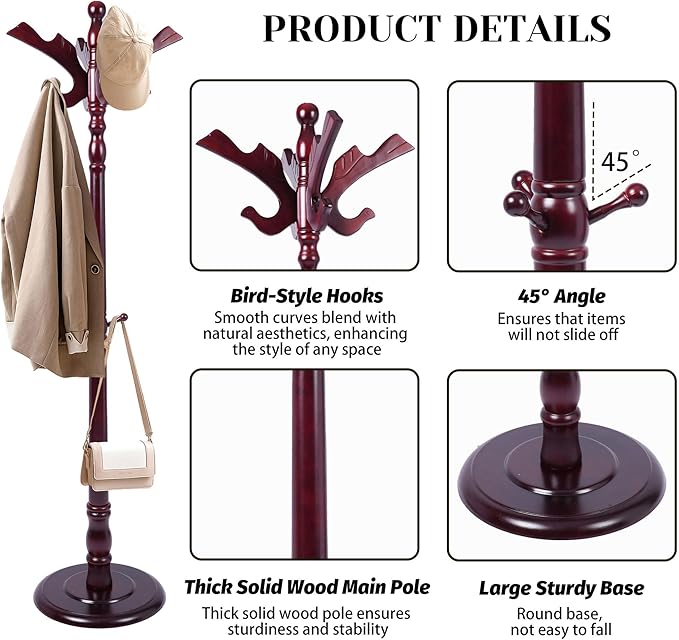 Solid Wood Coat Rack Freestanding with 14 Hooks Bird Shaped,71'' Adjustable Heights Sturdy Coat Racks Tree for Coats Hats Bags,Vintage Wood Coat Tree Hanger Stand for Living Room,Entryway,Office