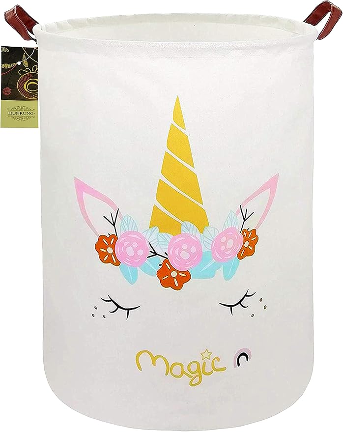 HUNRUNG Laundry Hamper,Large Canvas Fabric Lightweight Storage Basket Toy Organizer Dirty Clothes Collapsible Waterproof for College Dorms, Children Bedroom,Bathroom (Round-Magic-Unicorn)