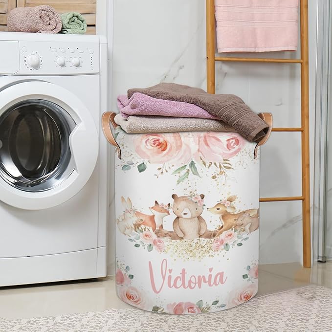 Personalized Laundry Basket, Custom Gift Laundry Hamper, Collapsible Nursery Waterproof Laundry Baskets, Dirty Clothes Toy Hamper with Handles Pink Floral Bear Fox