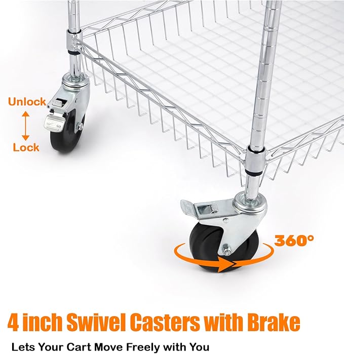 3-Tier Rolling Utility Cart 30" D x 18" W x 35" H Heavy Duty Carbon Steel Storage Cart with Adjustable Shelves PP Panels Locking Casters for Kitchen Bathroom Office