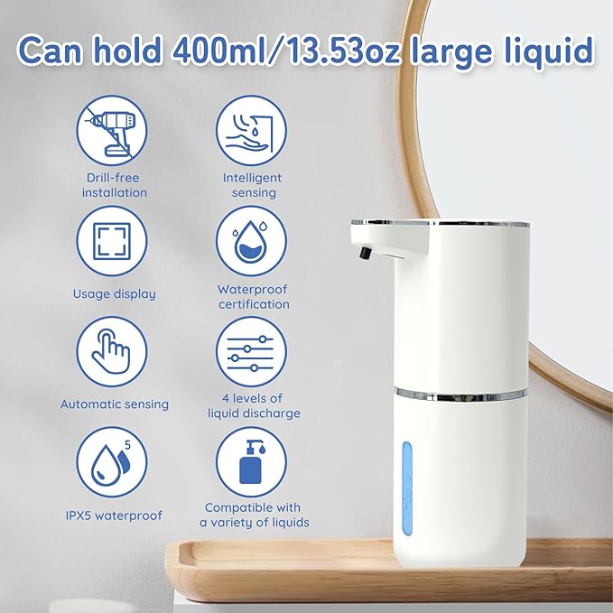Liquid Soap Dispenser, Automatic Soap Dispenser, 13.5oz/400ml Automatic Soap Dispenser Touchless, USB Rechargeable 4 Level Adjustable Electric Hand Soap Dispenser, for Bathroom, Kitchen,Hotel(White)