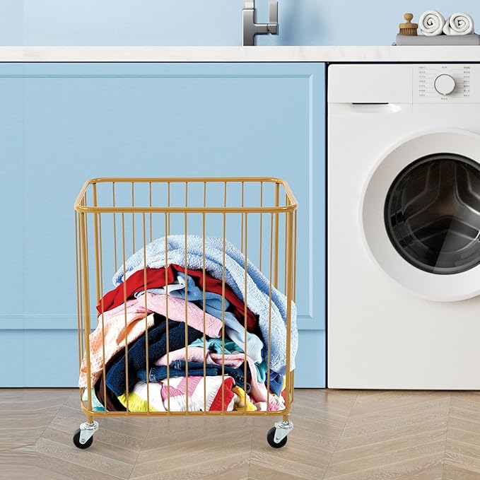 Rolling Laundry Hamper, Large-size Metal Laundry Basket Cart w/Wheels, Wheeled Clothing Hamper for Home, Hotel, Mall, Bathroom, Bedroom and Commercial Laundries (Gold)