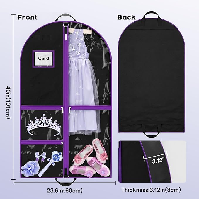 Dance Garment Bags for Dancers, 40" Garment Bags for Hanging Clothes with 3 Clear Zipper Pockets, Cheer Uniform Garment Bag for Suits, Travel & Sports Jersey, Cheer Uniform (Purple, 1Pack 40")