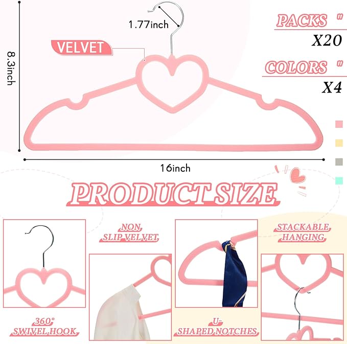 Tessco for you 20 Pcs Velvet Clothes Hangers with 20 Pcs Clips Non Slip Space Saving Skirt Hanger 360 Degree Swivel Hook Felt Heart Shaped Drying Rack for Pants (Multicolor, Velvet)