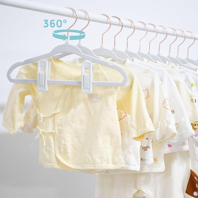 Baby Hangers Velvet - 11 Inch Kids Felt Hanger Non Slip Toddler Clothes - Childrens Hangers for Newborn Clothes - 50 Pack with 10 Hanger Finger Clips, White