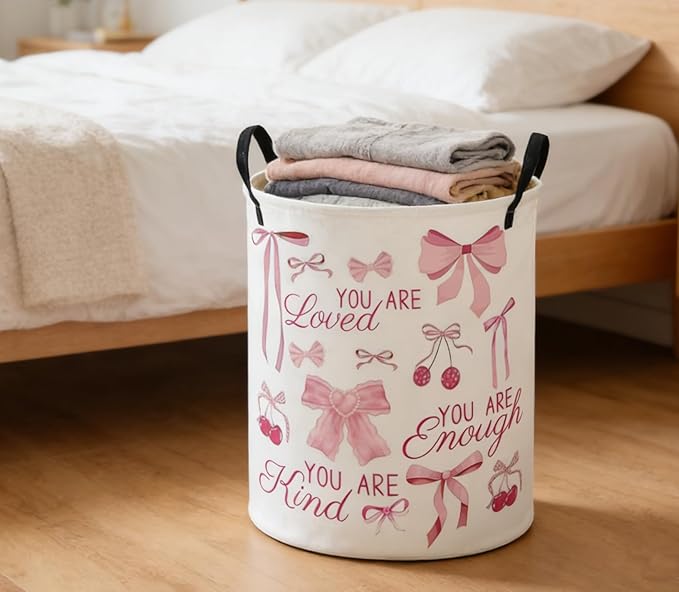 ESSME Kids Laundry Basket,Pink Hamper Collapsible Canvas Waterproof Storage Bin for Girls, Cute Hamper,Gift Baskets(bow)