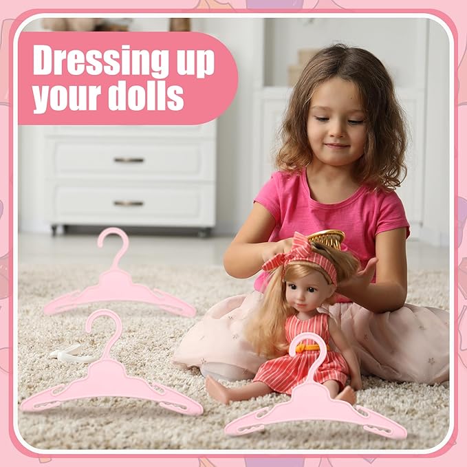 Soulchen 100 Pcs Doll Clothes Hangers for 18 Inch Dolls, Plastic Clothes Hangers with Non-Slip Clips, Space-Saving Wardrobe Accessories for Gown Dress Outfit (Pink)
