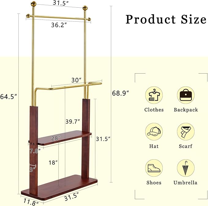 CHANCEE 68.9" Golden Stainless Steel and Walnut Solid Wood Double-Layer Coat Rack, Modern Freestanding Clothes Hanger with Storage Shelf, Multi-Functional Entryway Organizer Cabinet