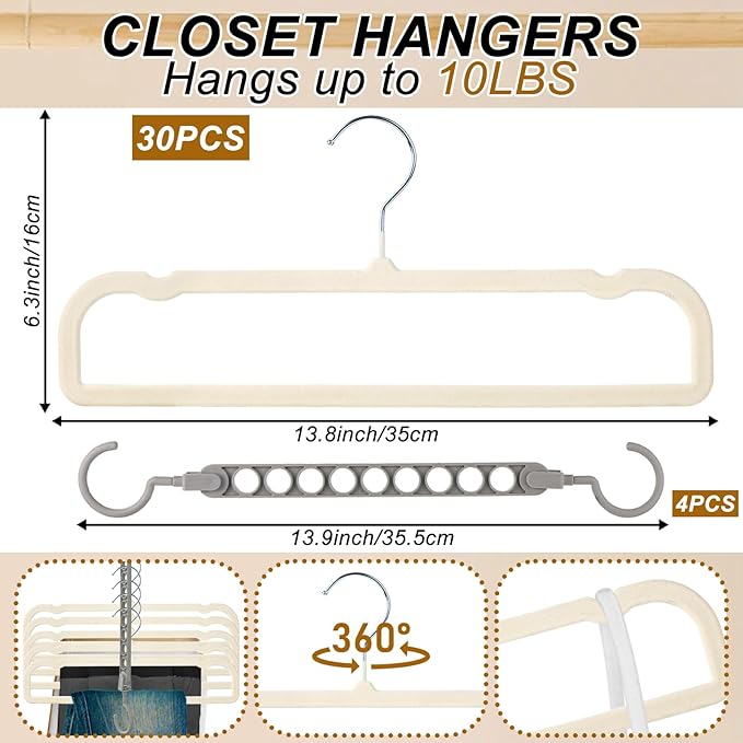 Velvet Pants Hangers Non Slip, 30 Pack Velvet Hangers for Closet with Porous Hooks, Strong Durable Space Saving Slim Clothes Hanger, Ultra Thin Flocked Hanger for Pants/Shirts/Bra/Shorts (Cream)