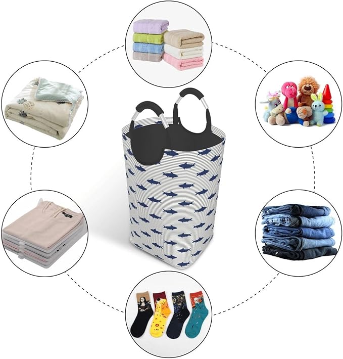 Cute Shark Laundry Basket Ocean Fish Hamper Funny Collapsible Laundry Baskets with Handle Blue Dirty Clothes Hamper Bag for Dorm Family Bathroom Decor Storage 50L