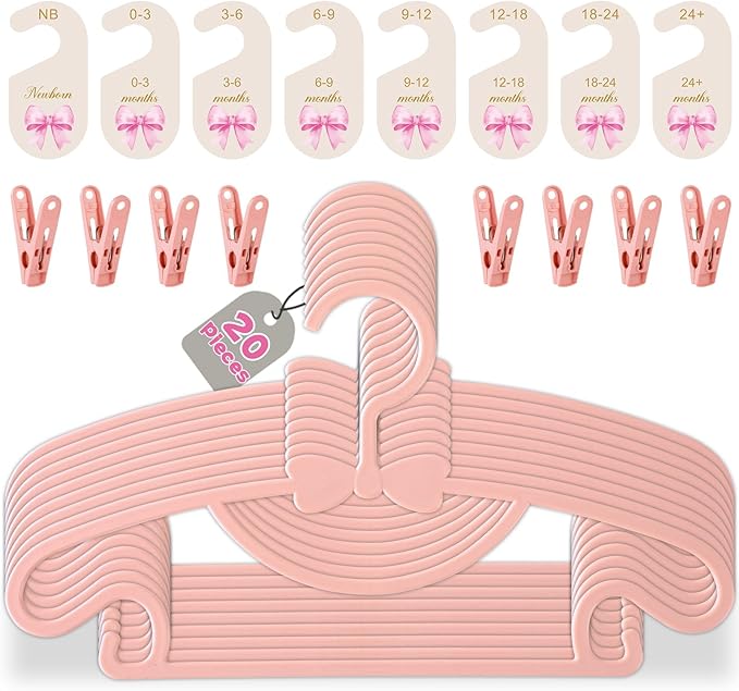 20 Pack Baby Clothes Hangers with 8Pcs Baby Closet Dividers and 8Pcs Clips, Non-Slip Toddler Clothing Hanger with Dividers for Sorting, Nursery Closet Organizer for Newborn Kids Boys Girls (Pink Bow)