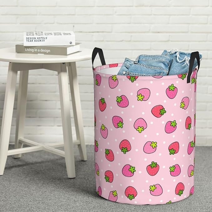 Dujiea Pink Strawberry Laundry Basket Round with Handle, Collapsible Foldable Canvas Storage Bin Dirty Clothes Bag for Laundry/Toys Organizer/College Dorm/Nursery/Decor(2 Sizes)