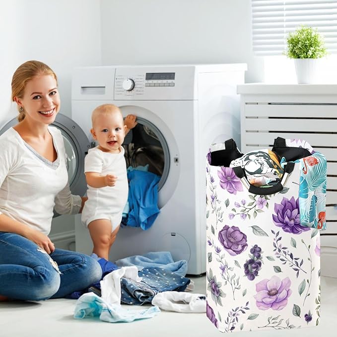 CaTaKu Floral Watercolor Purple Baby Laundry Baskets Collapsible, Large Tall Clothes Hampers for Kids Laundry Room Organizer Foldable Storage Bins with Handles