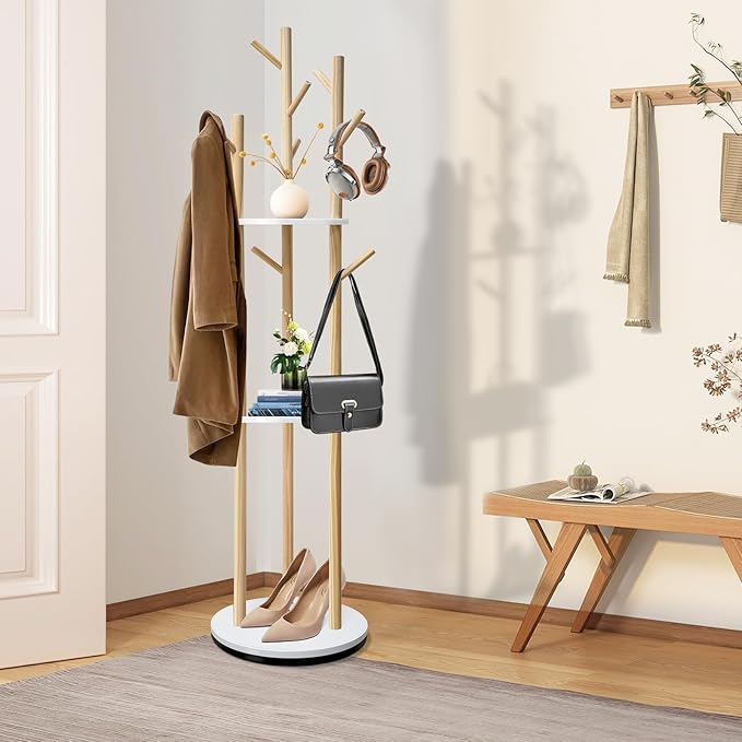 LIWSHWZ Solid Wood Rotary Coat Rack,Coat Rack Freestanding with 3 Shelves and 9 Hooks,Coat Hanger Stand for Purse,Bag,Hat,Corner Hanger Stand Racks for Hall,Entryway,Office,Modern Clothes Holder