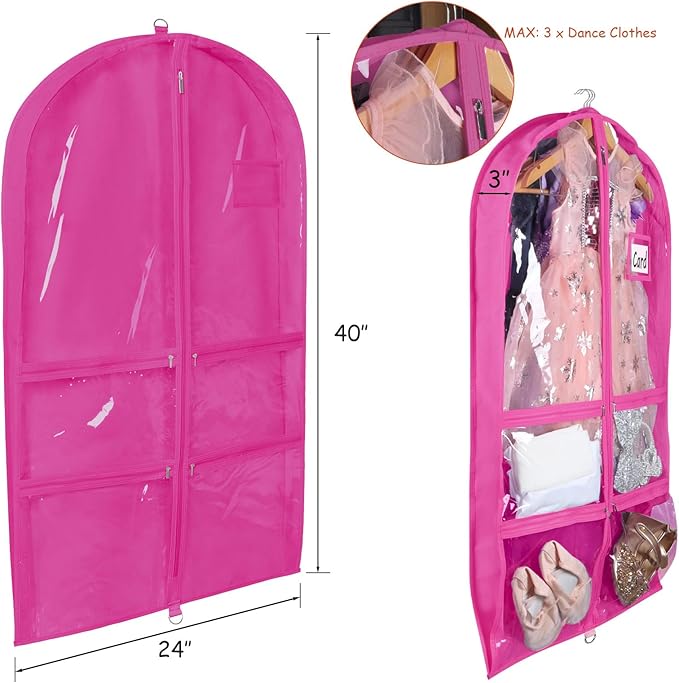 Syeeiex 3" Gusseted Dance Costume Garment Bag(5 Pack), 40'' Dance Garment Bags for Dancers with 4 Zipper Pocket & Can Hold 1-3 Dance Costumes - Suitable for Dance Competitions,Ballet(Rose Red)