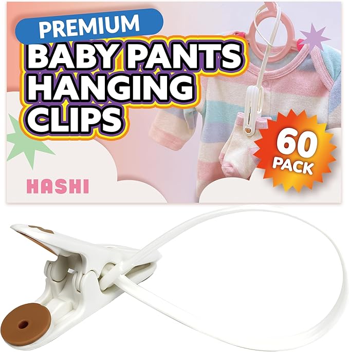HASHI Baby Clothes & Pants Clips, Non-Slip Hanger Clips with Strong Grip, Space-Saving Organizer for Baby & Toddler Laundry, Closet, Socks, Stroller, Travel & Drying Rack (60, Premium)