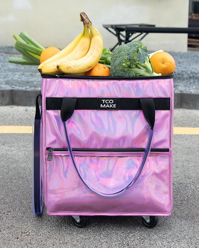 Reusable Grocery Bag on Wheels, Rolling Shopping Bags with Wheels and Handle, Folding Rolling Tote Trolley, Zipper Cover, Carries Up to 22 LBS, Easy Transportation (Small, Phantom Pink)