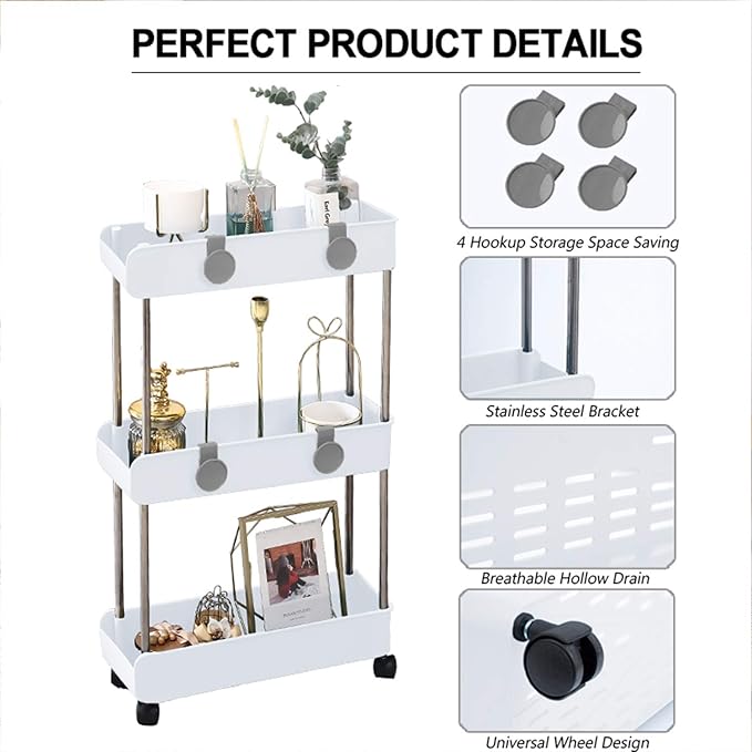 3-Tier Slim Mobile Shelving Unit on Wheels, Slide Out Rolling Bathroom Storage Organizer, Utility Carts Shelf Rack for Kitchen Bathroom Laundry Room Narrow Places, White