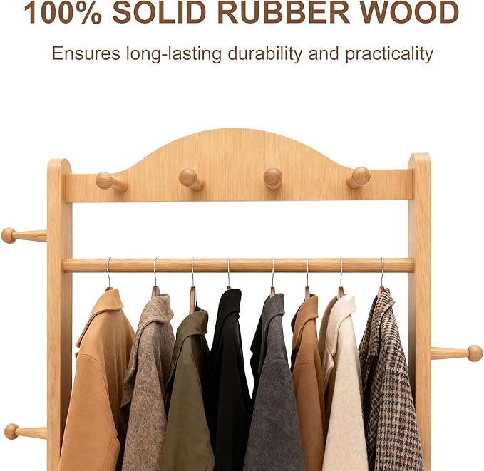 Coat Rack Freestanding Clothing Rack with Wheels - Heavy Duty Clothes Rack with 2 Shelves, Wooden Coat Hanger Stand with 4 Top Hooks & 5 Side Hooks for Entryway Hallway Living Room Office