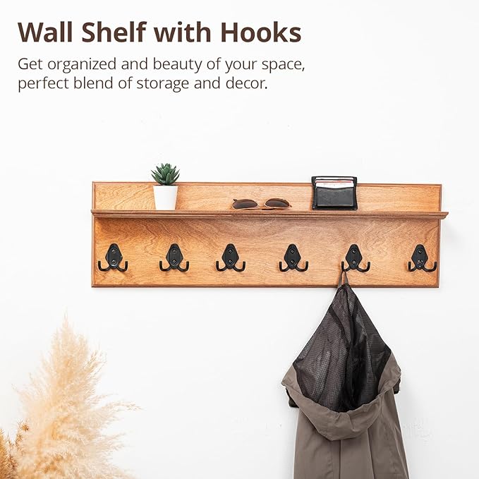 Rustic Wall Mounted Coat Rack with Shelf Wooden Entryway Organizer with 5 Metal Hooks for Coats Hats Towels Keys Floating Storage Shelf for Bathroom Bedroom (Oak, 45 inch 8 Hooks)