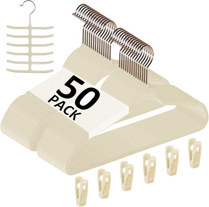 VECELO Premium Velvet Clothes Hangers Suit Heavy Duty (50 Pack)-Non Slip & Space-Saving with 6 Finger Clips & Tie Rack Excellent for Men and Women,Beige