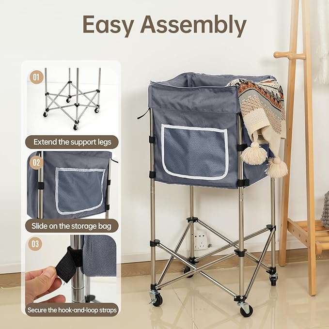 Laundry Cart with Wheels, 35.9"H Stand-Up No-Bend Rolling Laundry Basket, Locking Brakes, 360 Swivel Rubber Wheels, Fold-Flat Space-Saving Stainless Steel Frame, Removable Washable 600D Oxford Bag
