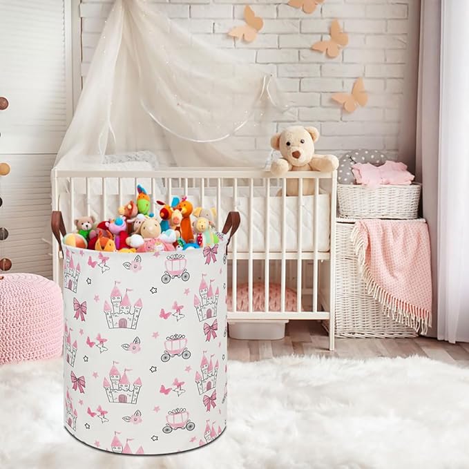 19.7" Laundry Basket,Kids Dirty Clothes Hamper,Waterproof Toys Storage Bin,Room Decor,Gift Baskets,Nursery Hamper(Pink Princess)