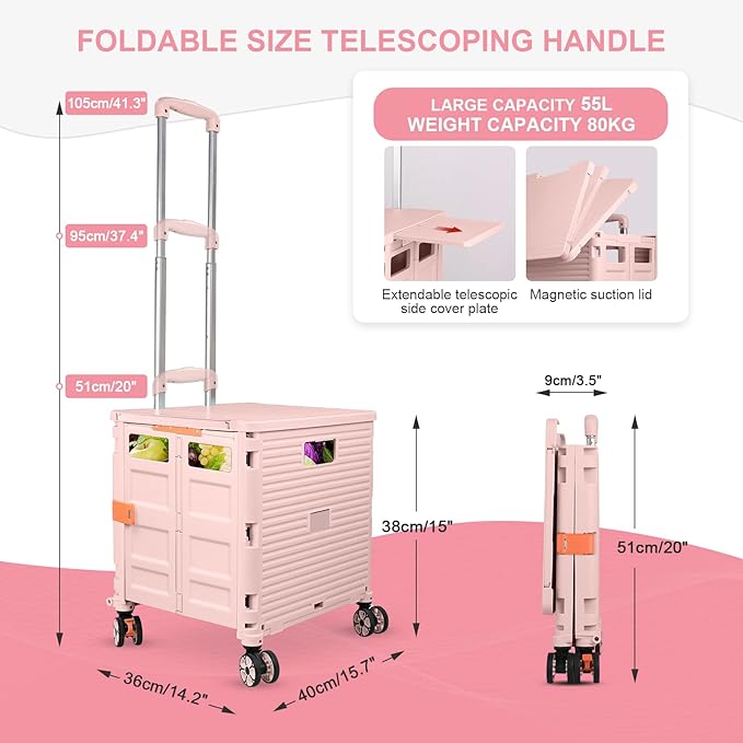 Foldable Utility Cart Folding Portable Rolling Crate with Magnetic Extended Lid,360°Rotate Wheels,176LBS Load Capacity,Heavy Duty Durable Dolly Cart for Teacher Tourist Shopping Office Outdoor