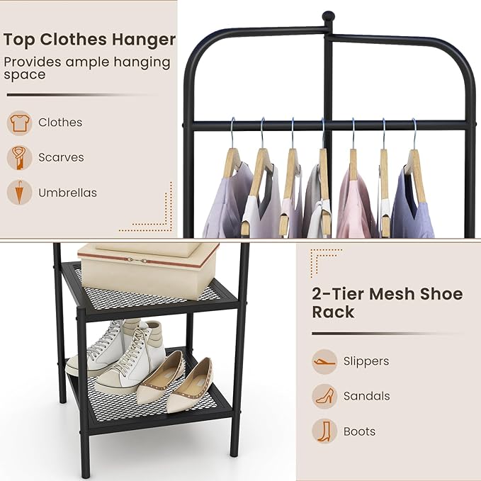 Tangkula Corner Coat Rack with Storage, Simple Hall Tree with Hanging Rod & 2 Mesh Shelves, Anti-toppling Devices, Freestanding Metal Clothes Rack Shoes Shelf Organizer for Entryway Bedroom (Black)